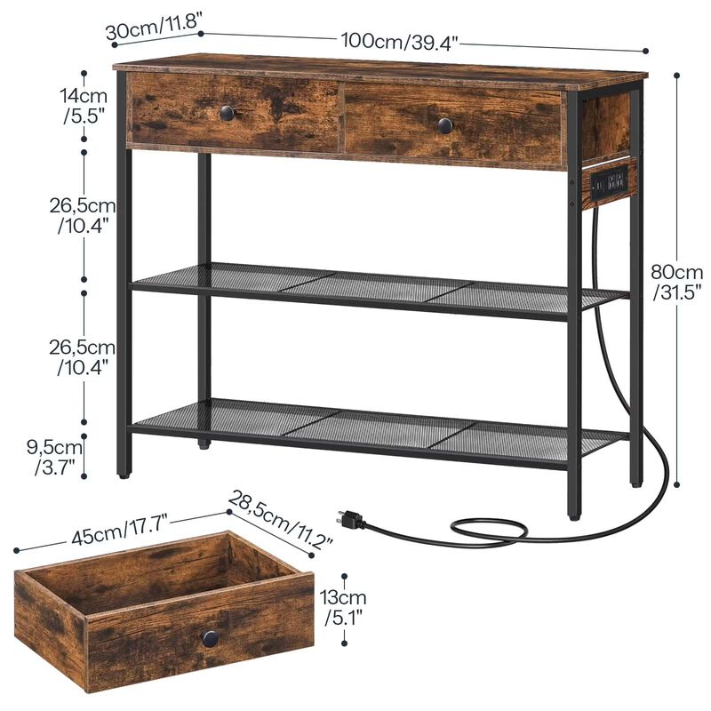 3-Tier Industrial Slim Console Table with Charging Station & Drawers image number 2