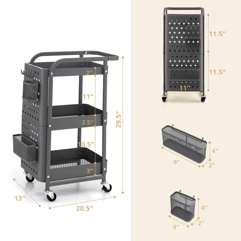 3-Tier Utility Storage Cart with DIY Pegboard Baskets