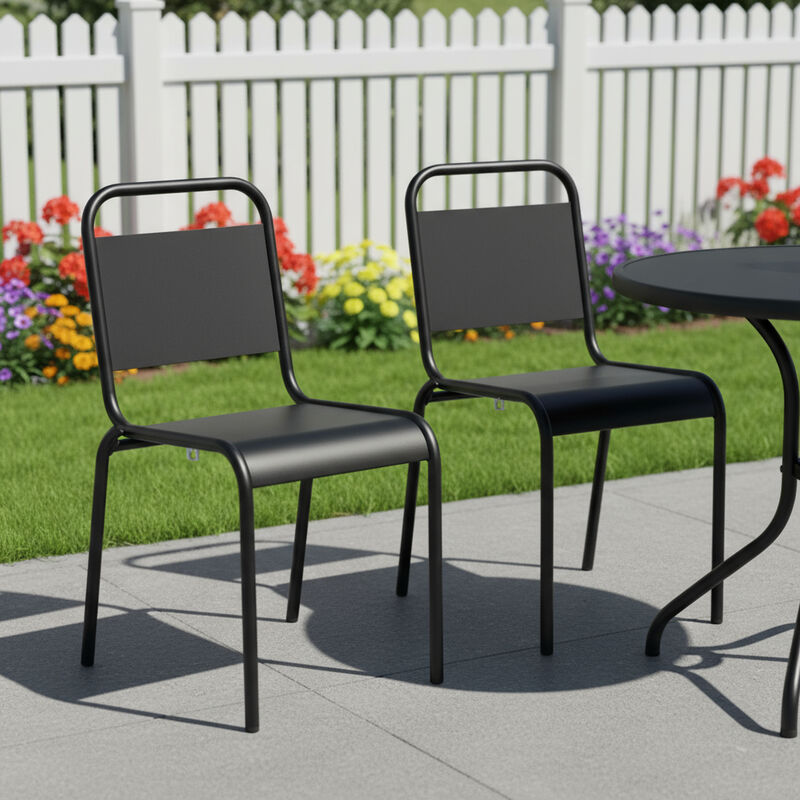 HomeRoots Set of Two Black Aluminum Outdoor Stacking Dining Chairs image number 1