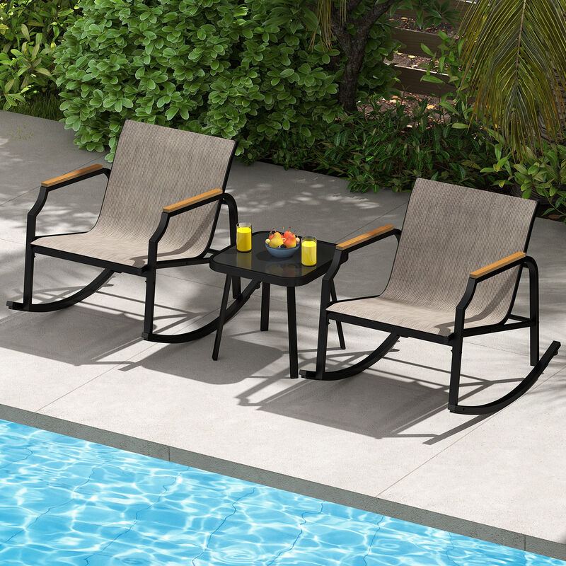 Outdoor Rocking Bistro Set with Armrests and Glass Table &ndash; 3 Piece Porch Furniture