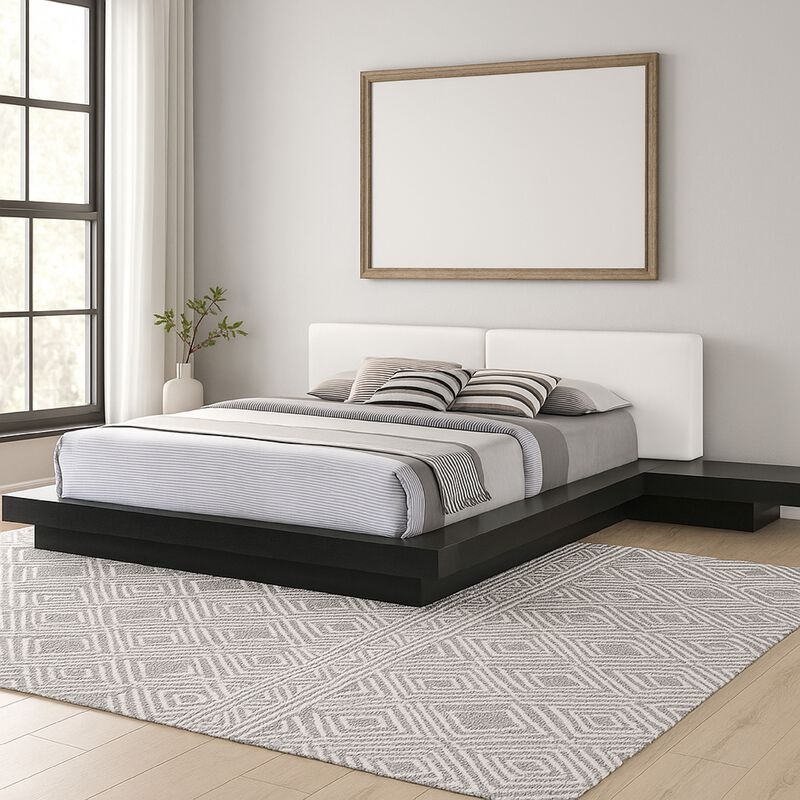 Nia King Platform Bed, White Faux Leather Upholstery Black Nightstands