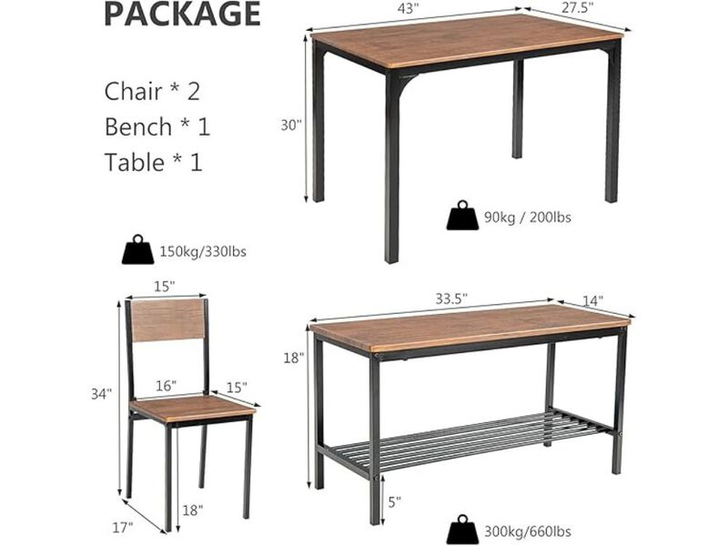 Dining Set &ndash; 4‑Piece Walnut Kitchen Table with Bench & Chairs, Metal Frame & Storage Rack image number 2