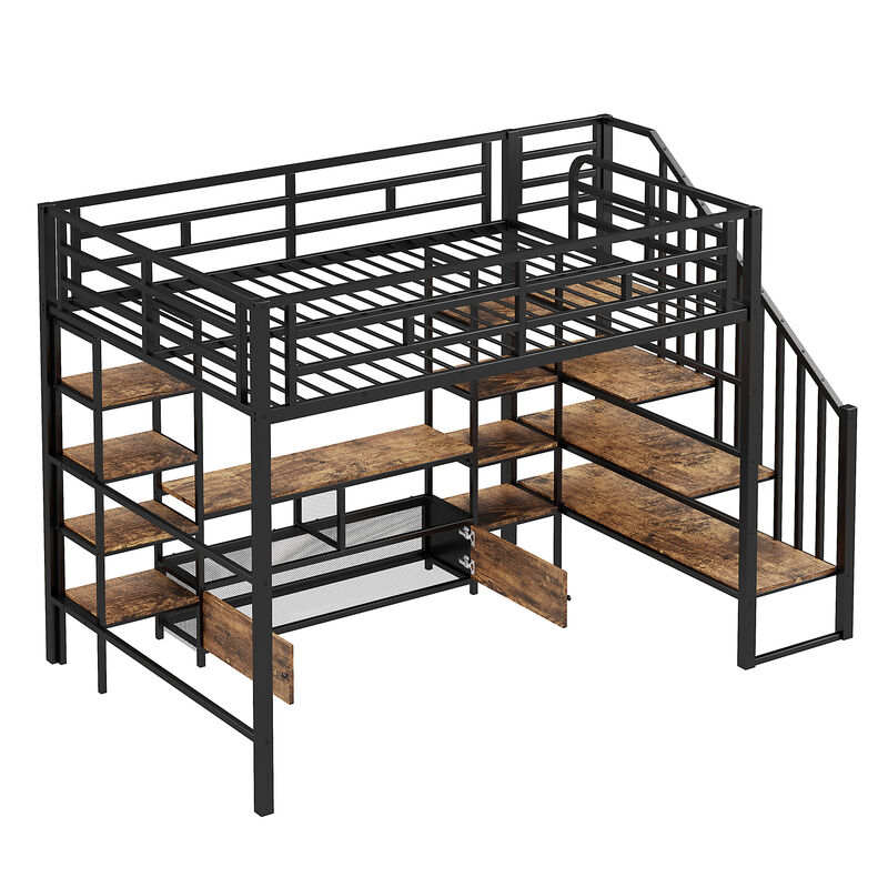 Merax Metal Loft Bed with Staircase and Storage