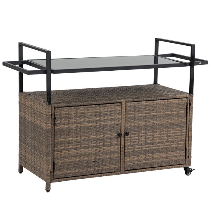 Mondawe Outdoor Wicker Bar Cart, Patio Wine Serving Cart, Rolling Rattan Islands with Glass Top