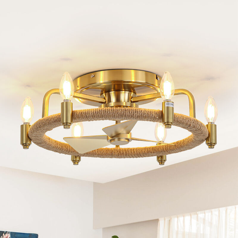 20" Gold Flush Mount Cage Ceiling Fan with Light and Remote Control