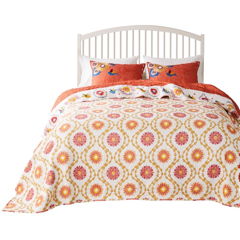 Xan 3pc King Bedspread and Pillow Sham Set, Bouquet Print, Multicolor - Benzara