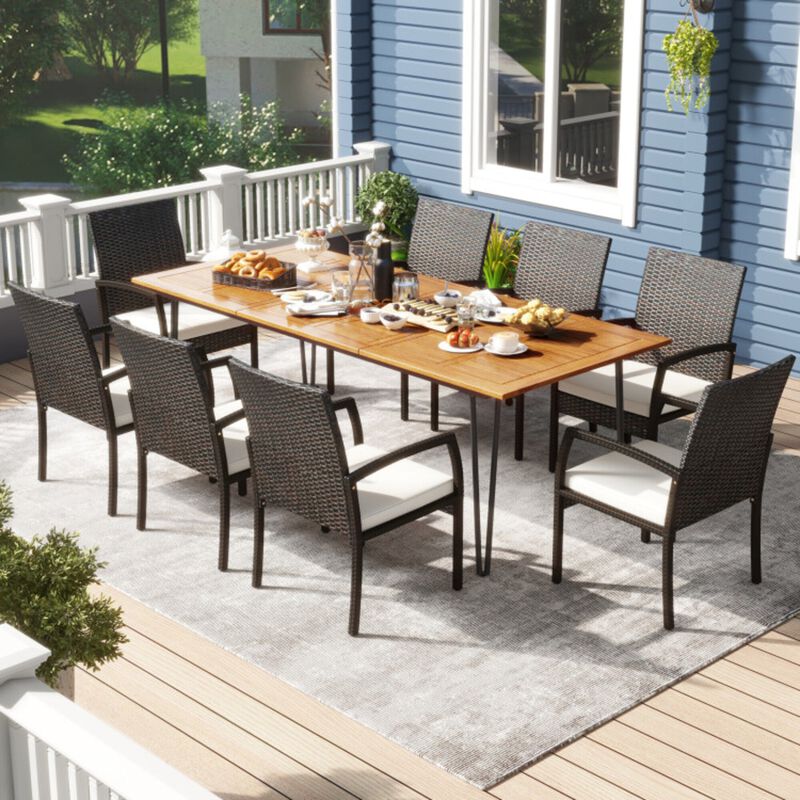 Mondawe 9-Piece Outdoor Patio Set, Acacia Table Built In Umbrella Hole & 8 PE Rattan Armchairs