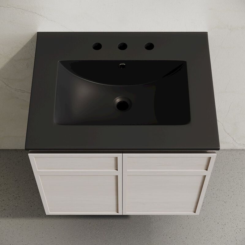 24" Wall-Mounted Bathroom Vanity in White Oak, Black 3-Hole Widespread Sink Top image number 2