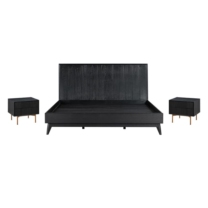 Deona 3pc King Size Bedroom Set with 2 Nightstand, Brushed Black Oak Wood