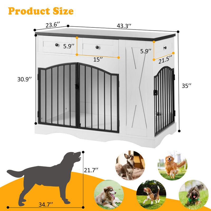 Whisen 43.3" Indoor Wooden Cabinets, Dog Kennel with 3 Drawers and Removable Feeder image number 9