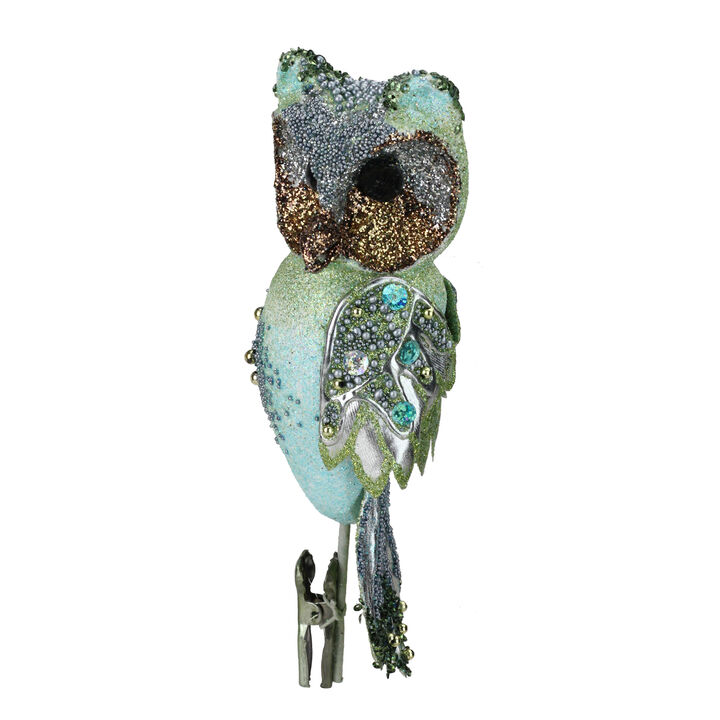 10" Green Glittered and Sequined Owl Clip On Christmas Ornament