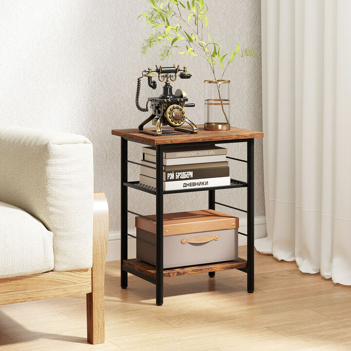 Set of 2 Industrial End Tables with 3 Tiers and Open Storage Shelving