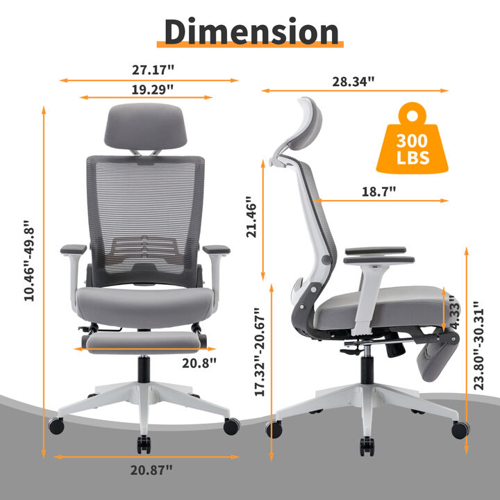 Ergonomic Mesh Desk Chair, High Back Office Chair with 2d armrest and Footrest, tilt function max 128, grey