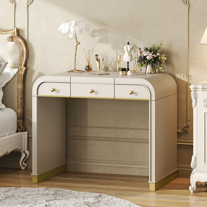 Merax Retro Vanity Desk with Flip Mirror & Hidden Compartment, 2 Drawers, Gold Accents