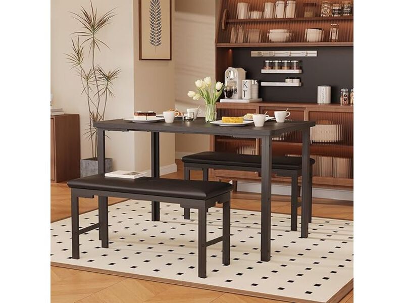 Dining Set &ndash; 3‑Piece Black Kitchen Table with 2 Upholstered Benches & Storage for Small Spaces image number 1