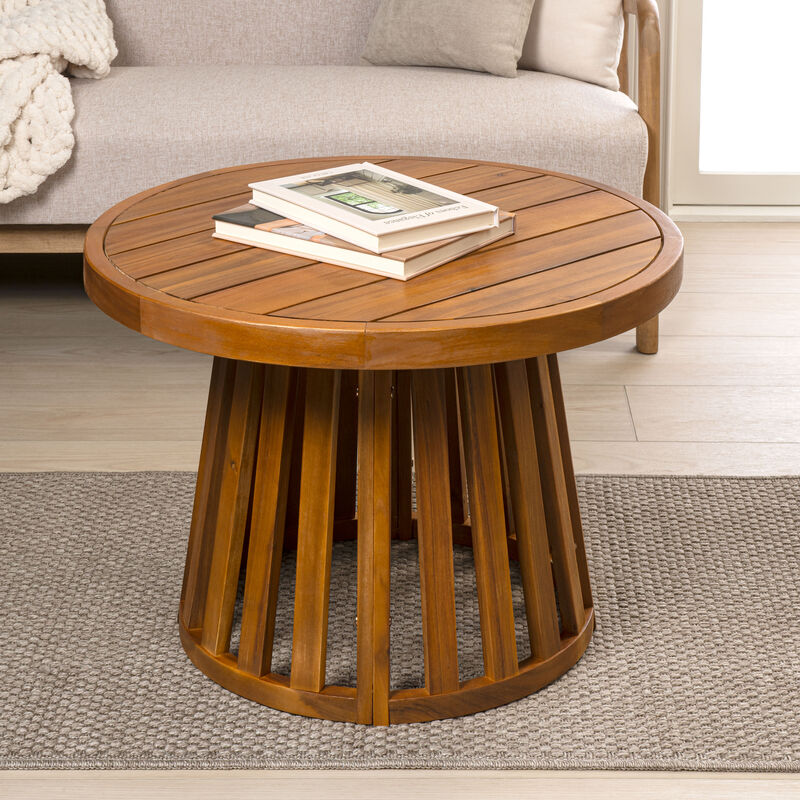 Solanya Modern Coastal Acacia Wood Indoor/Outdoor Pedestal Base Round Coffee Table image number 5