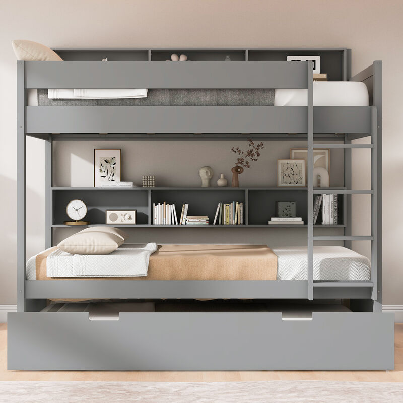 Merax Wooden Bunk Bed Series with Side Storage Shelves & Pull-out Trundle image number 2