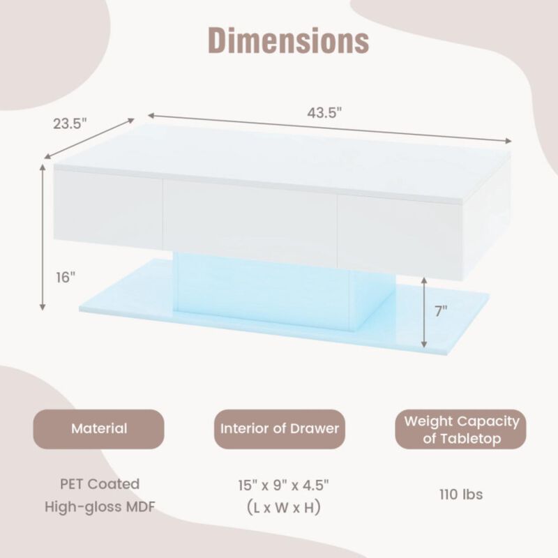 Hivvago Modern LED Coffee Table with 20 Color LED Lights and 2 Storage Drawers