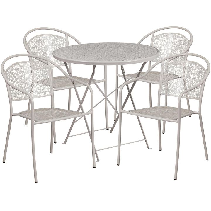 Flash Furniture Commercial Grade 30" Round Light Gray Indoor-Outdoor Steel Folding Patio Table Set with 4 Round Back Chairs