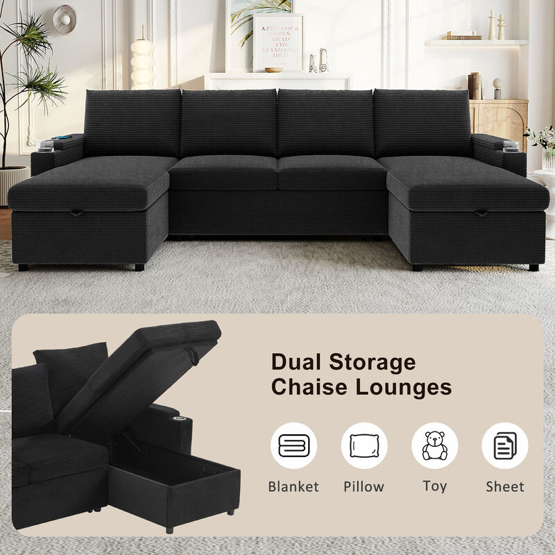 Merax Convertible Sofa Bed U-Shaped Sectional Sofa Modern Upholstered Sofa with Storage Chaise Lounges