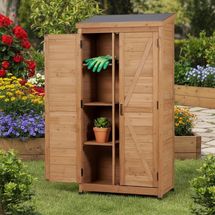 Whisen Tall Vertical Wooden Outdoor Storage Shed&ndash;Metal-Topped Tool Cabinet for Backyard, Garden, Patio & Lawn