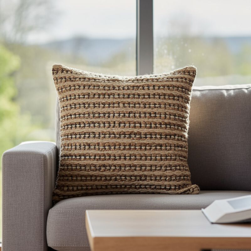 Square Accent Throw Pillow, 20 Inch, Handwoven Stripes on Brown Wool image number 6