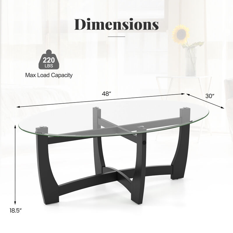 Oval Coffee Table with Tempered Glass Tabletop and Rubber Wood Legs