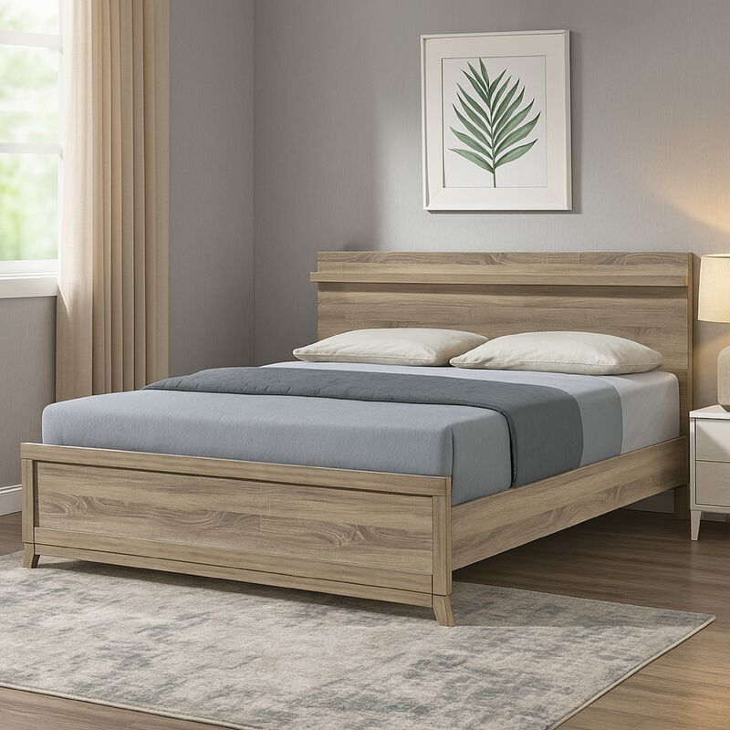 Tily Queen Size Bed w Panel Footboard, Natural Brown Wood Veneers