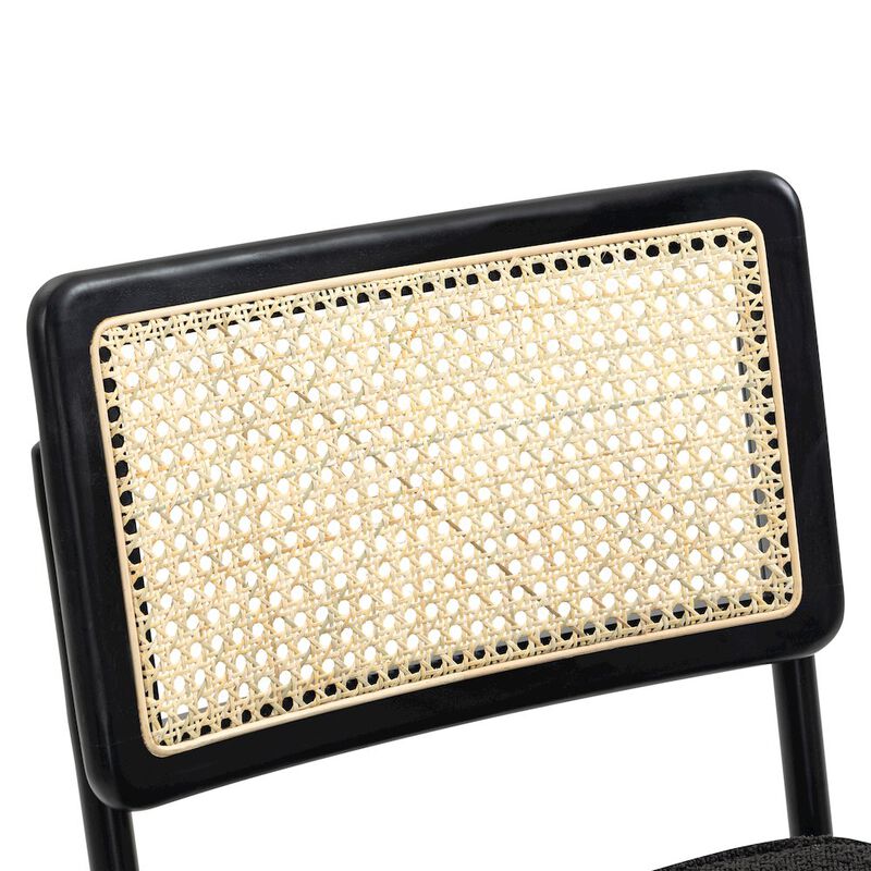 Glamour Home Set of 2 Black Boucle Fabric Dining Chair Rattan Backrest and Black Iron Legs