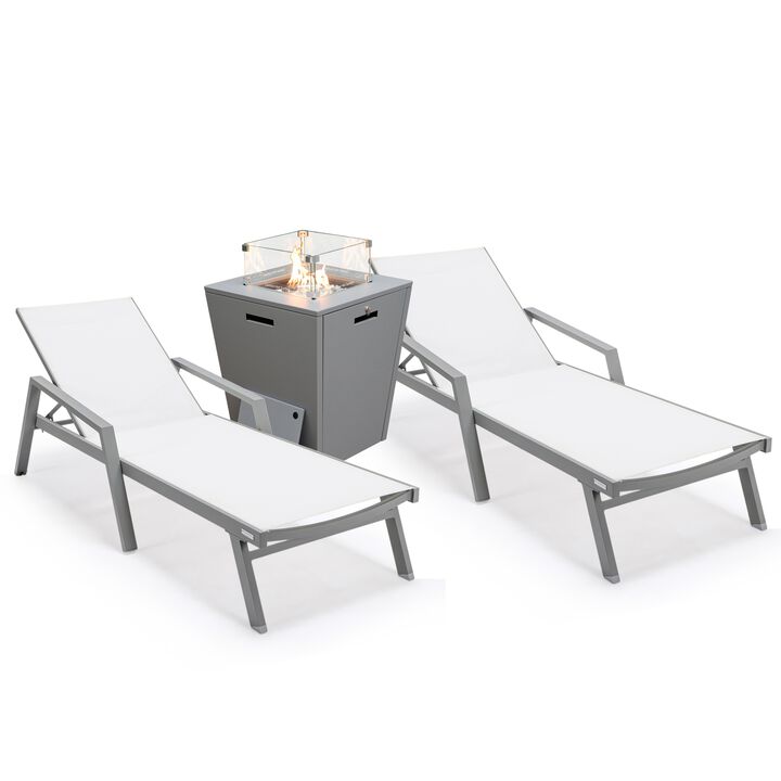 LeisureMod Marlin Modern Aluminum Outdoor Patio Chaise Lounge Chair With Arms in Grey Frame Set of 2 with Square Fire Pit Side Table