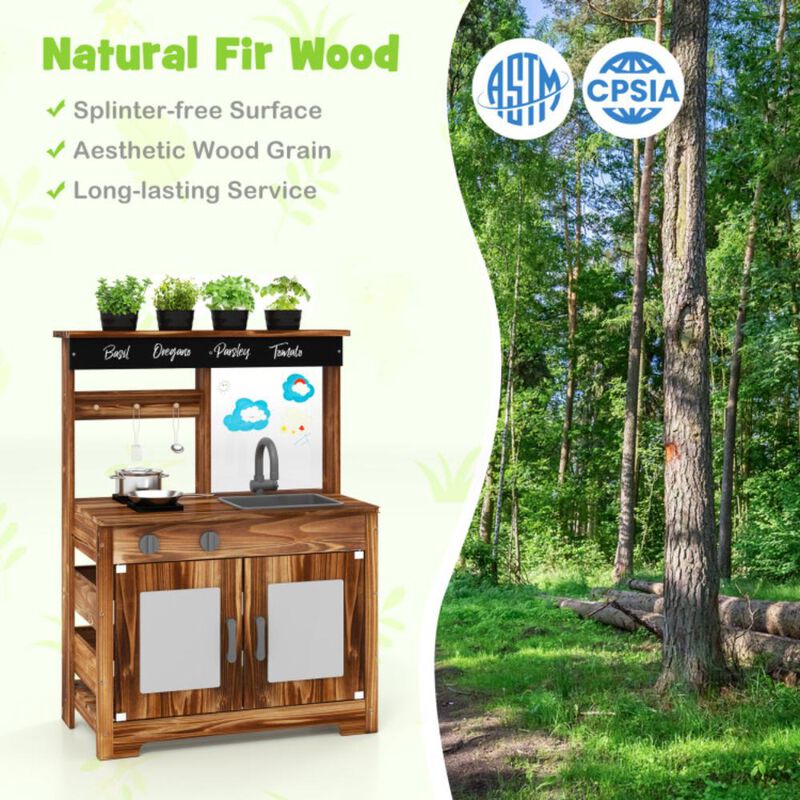 Hivvago Mud Kitchen Fir Wood Play Kitchen with 4 Panting Pots Faucet Removable Sink