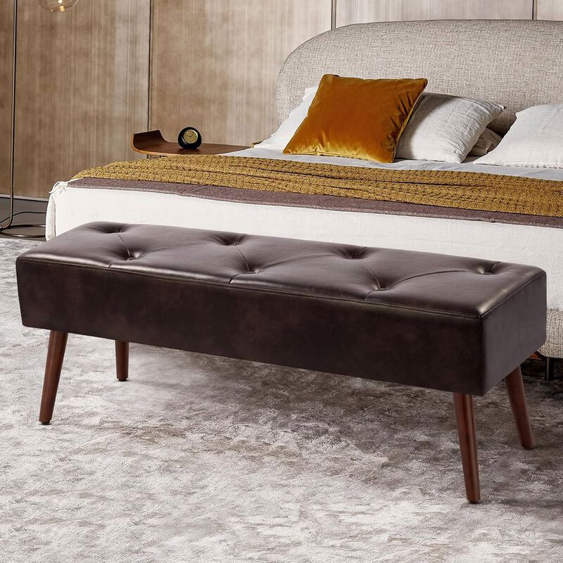 Mid-Century Bedroom Bench with Upholstered Seat – End of Bed Accent Furniture