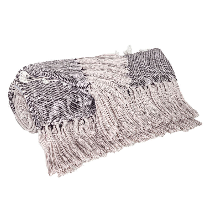 HomeRoots 50" X 60" Gray Woven Cotton Striped Throw Blanket with Tassels and Embroidery image number 3