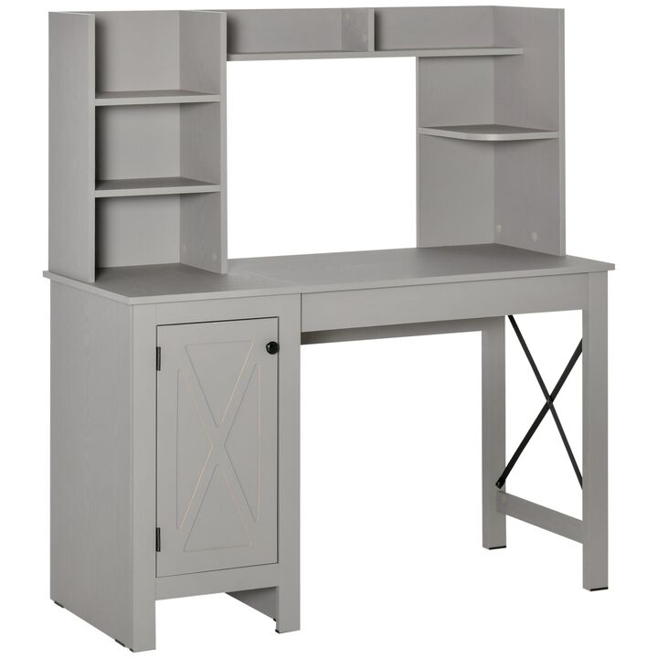Farmhouse Computer Desk with Door Knob, Foot Pads and X-Frame, Home office Desk with Shelves, Desktop and Cabinet, Study Table, Light Grey