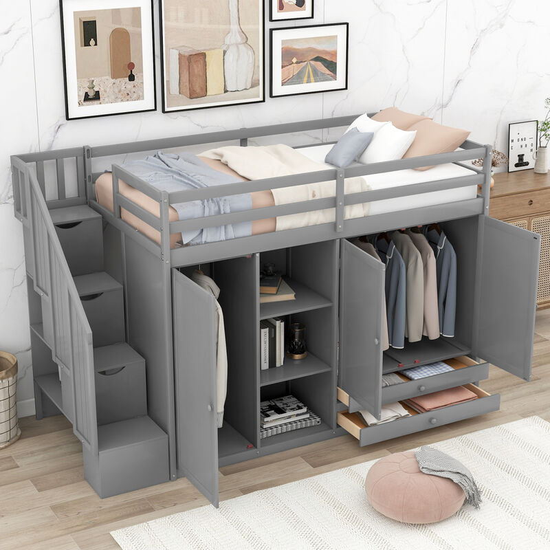 Functional Loft Bed with 3 Shelves, 2 Wardrobes and 2 Drawers, Ladder with Storage, No Box Spring Needed, Gray