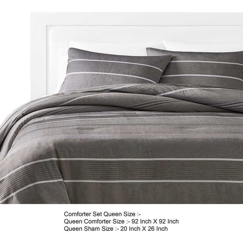 Arlo 3 Piece Queen Size Comforter Set, Striped Woven Jacquard, Soft Gray - Benzara