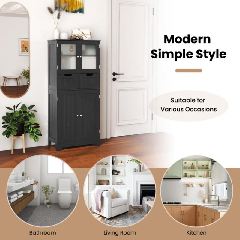 Hivvago 4 Door Freestanding Bathroom Floor Storage Cabinet with 2 Drawers and Glass Doors