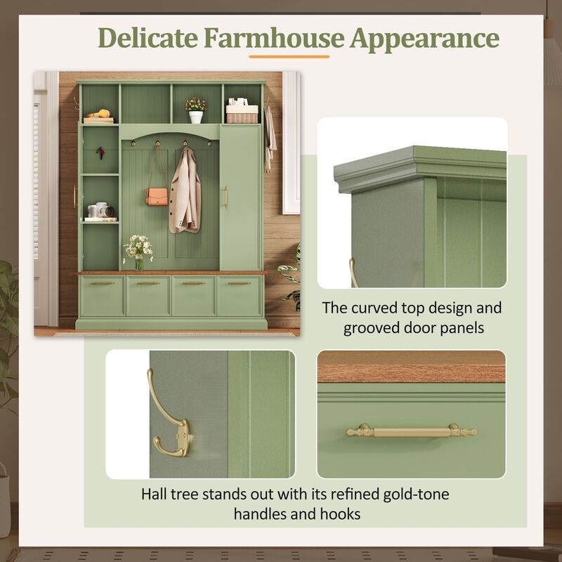 Merax Farmhouse Hall Tree with Gold-Tone Handles, Upper Cabinets with Hooks & Adjustable Shelves image number 4