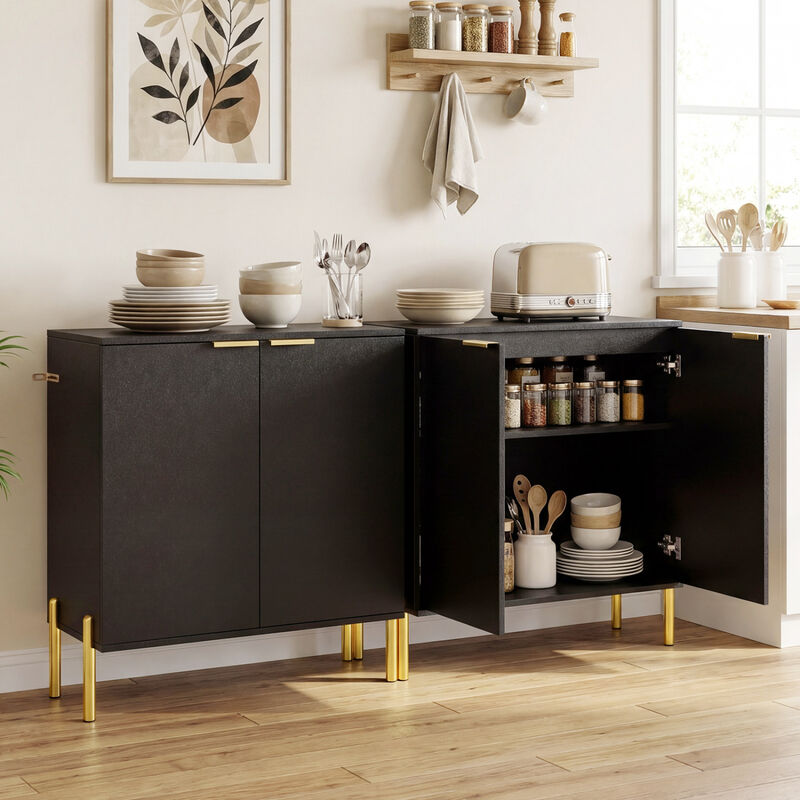 2 Piece Sideboard Cabinet Set with 2 Doors and Metal Legs for Living Room-Black image number 1