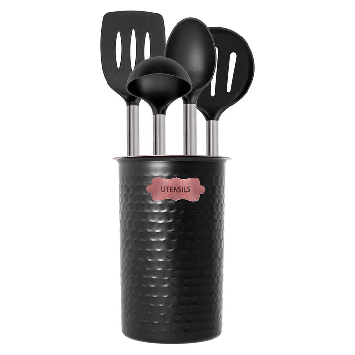 Lexi Home 5PC Black Copper Two Tone Kitchen Utensil Set & Black Hammered Caddy
