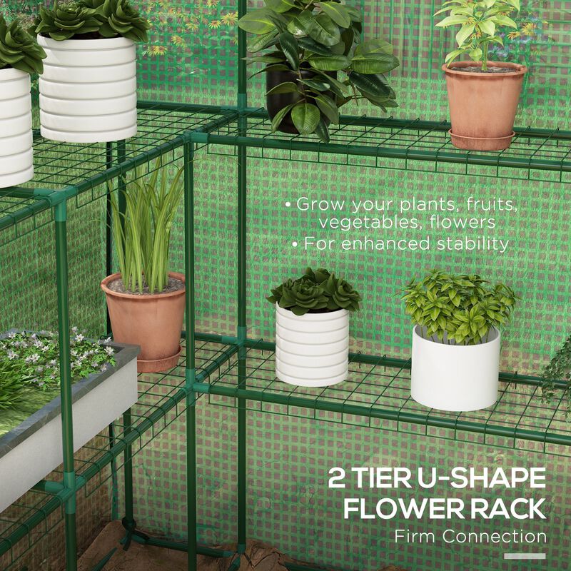 Outsunny 4.6' x 4.7' Portable Greenhouse, Water/UV Resistant Walk-In Small Outdoor Greenhouse with 2 Tier U-Shaped Flower Rack Shelves, Roll Up Door & Windows, Green