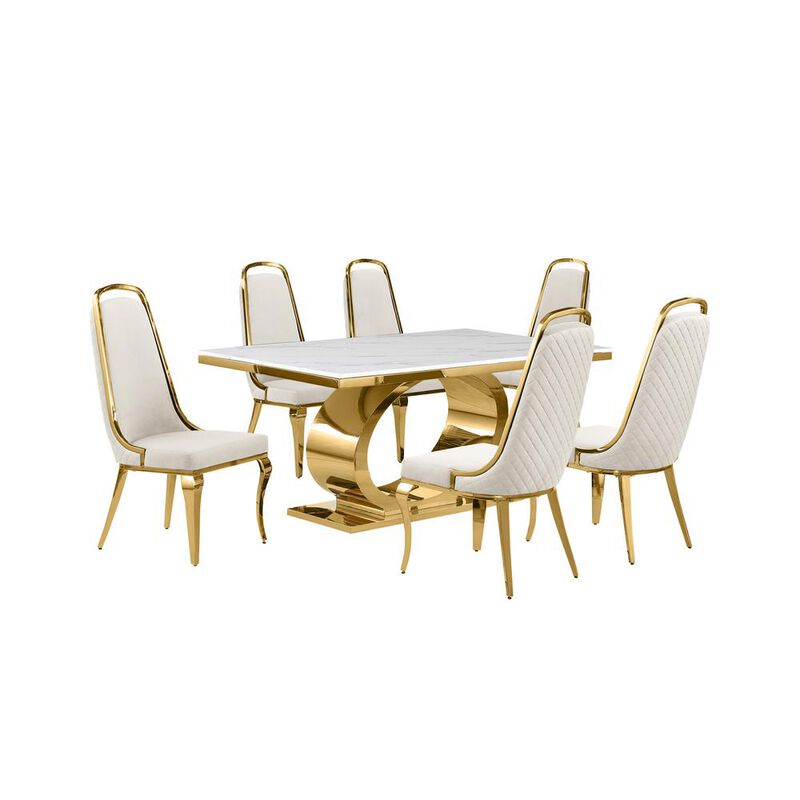 7pc Small(68") marble top dining set with gold base and 6 Cream side chairs image number 0