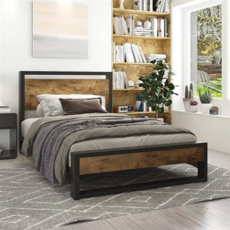 Modern Farmhouse Platform Bed Frame with Wood Panel Headboard Footboard