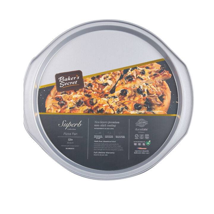 Baker's Secret 14" Pizza Pan, 12" inner, Aluminized Steel, Double Layers Nonstick Coating, Silver, Superb Collection