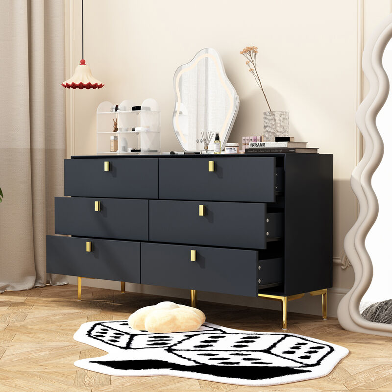 White 6-Drawers 55.1 in. Width Classic Wooden Chest of Drawers, Dresser, Storage Cabinet with Golden Legs and Handles