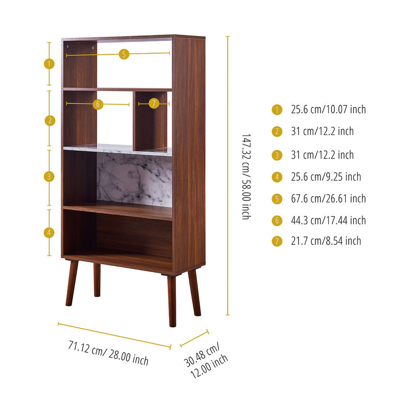 Kingston Bookcase with Faux Marble Shelf & Accents, White/Walnut image number 4