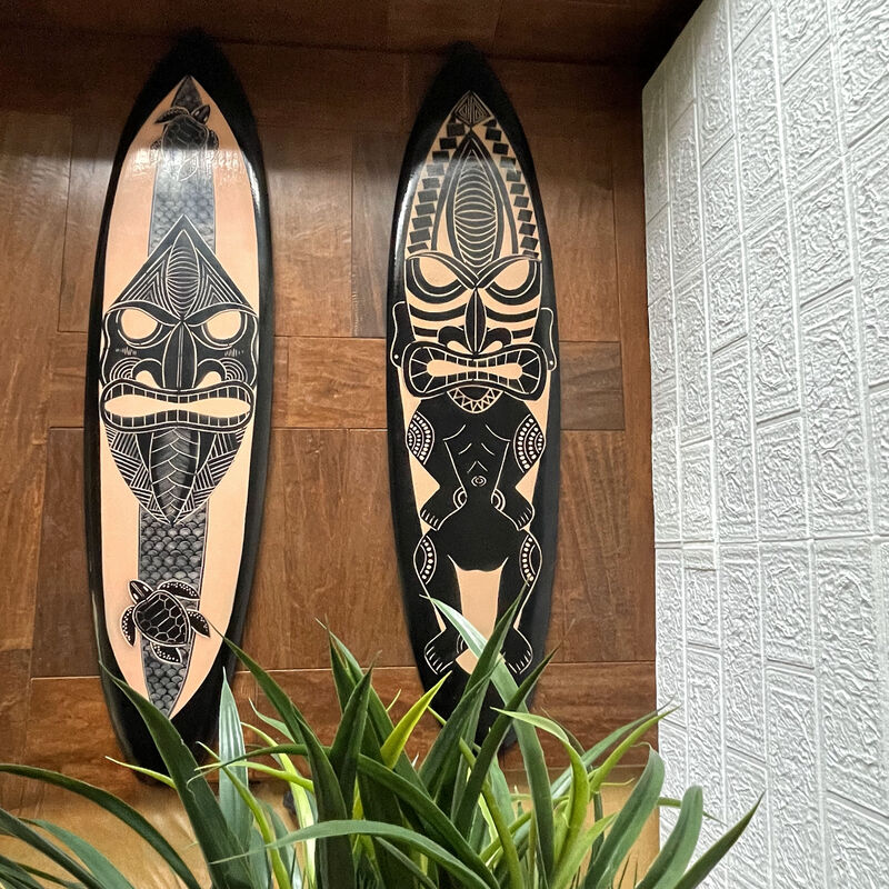 Set of 2 Surfboards &ndash; Tiki Mask Design, 39" Wood Wall Art, Tropical Decor image number 5