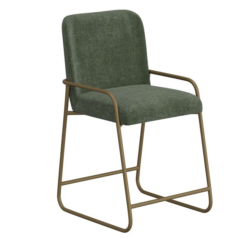 Suze Counter Height Chair, Arch Back, Gold Iron, Olive Green Polyester  - Benzara