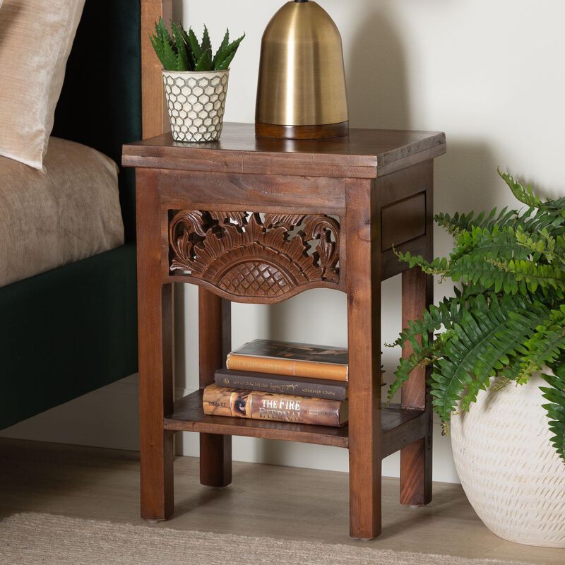 bali & pari Alexandra Handcarved Mahogany Wood Nightstand &ndash; Decorative Accent Table with Lower Shelf, Traditional Artisan Furniture image number 8