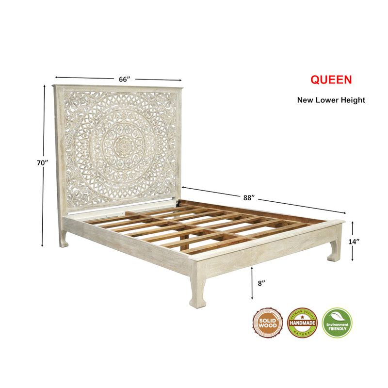 Taran Designs Auden Floral Carved Solid Wood Queen Panel Bed